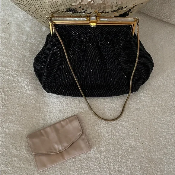Vtg. Micro Beaded Elegant Black Evening Clutch Purse Mother of Pearl - Picture 7 of 11